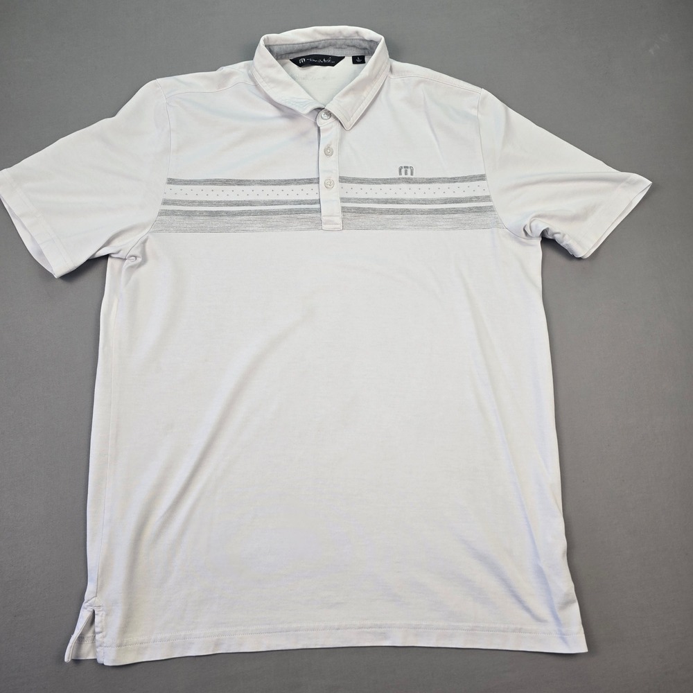 Travis Mathew White Pima Cotton Blend Golf Polo Grey Stripe - L